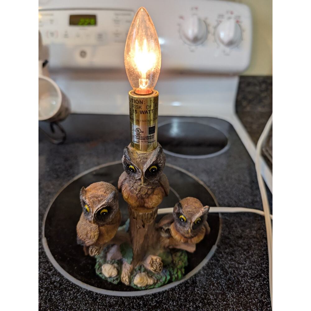 Vintage 4 Owls On A Tree Table Lamp Very Detailed Resin Small - Picture 13 of 13